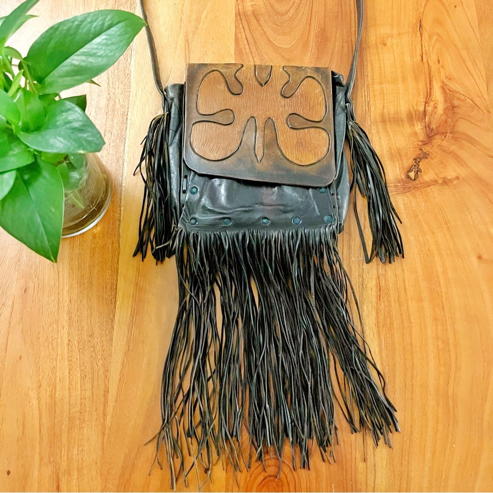Vintage Boho Western Festival Brown Leather Cross Body Bag with Fringes.